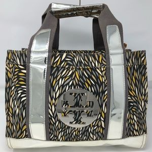 Tory Burch Canvas Metallic Silver Gray White Black & Yellow Tote Purse